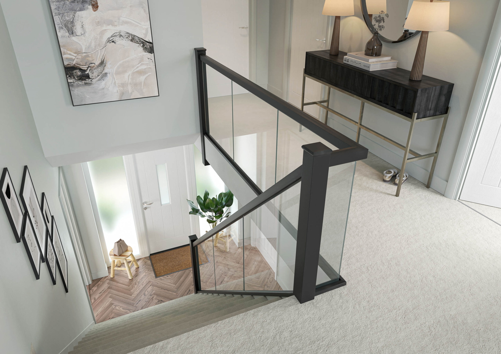 Black Square Handrail, Baserail & Embedded Glass Landing Balustrade Kit