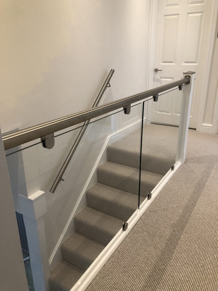 Steel Round Handrail, Baserail & Clamped Glass Landing Balustrade Kit ...